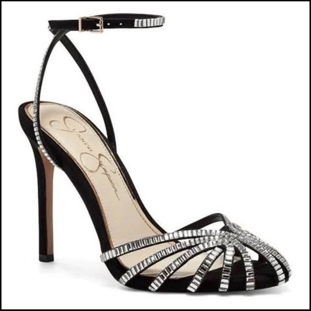 Black and Silver Strappy Stiletto Heels with Rhinestone Accents